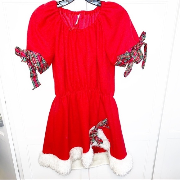 Mrs. Claus | Red Dress Plaid Ribbon White Fleece One Size Separate Fleece Collar - Picture 5 of 16